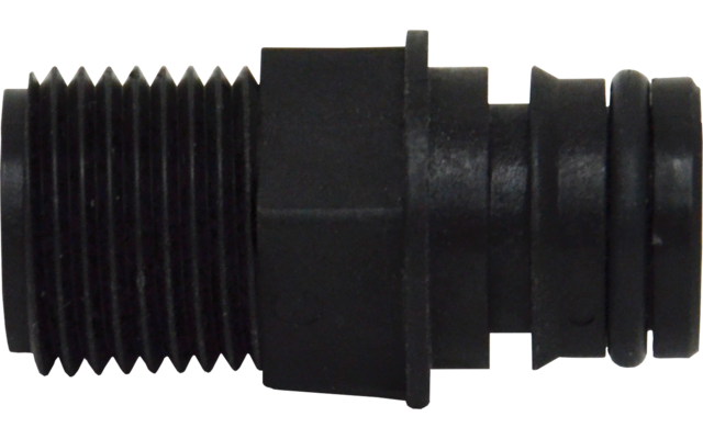 Schwarzes Kunststoffteil mit Außengewinde links und geriffeltem Ende rechts