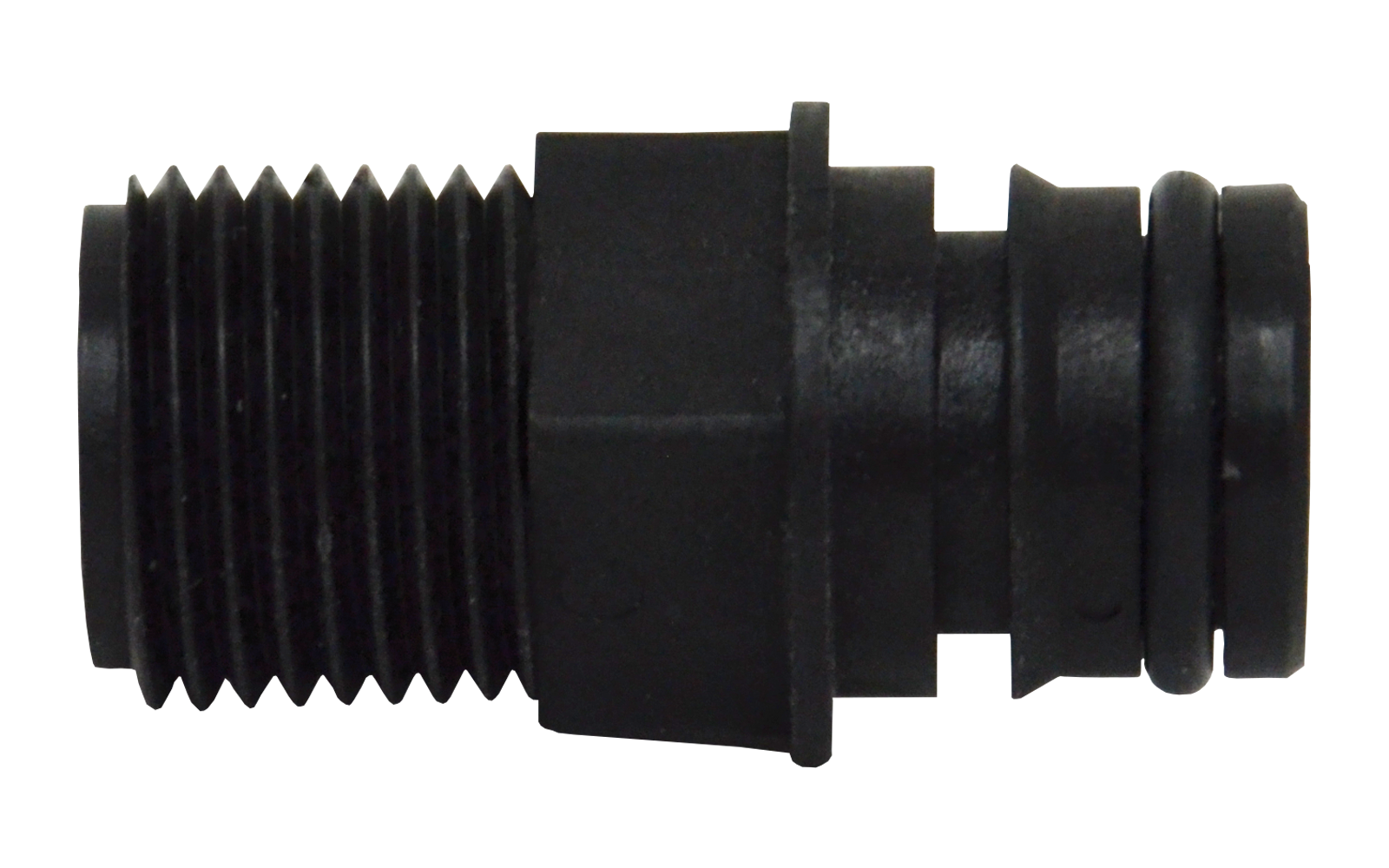 Schwarzes Kunststoffteil mit Außengewinde links und geriffeltem Ende rechts
