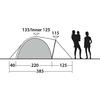Graue Linienzeichnung eines kuppelartigen Zelts mit schattierter Innenfläche und rechts einem dreieckigen Gestänge. Über dem Zelt die Zahlen '135/Inner 125' und über dem Gestänge '115'. Darunter eine Maßleiste mit Segmenten '40', '220', '125' und Ges