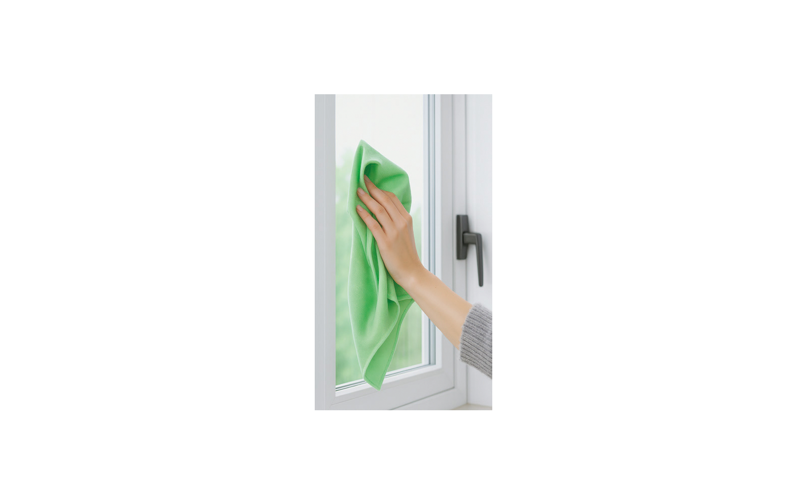 Hand mit grauem Ärmel hält ein grünes Tuch an eine Fensterscheibe; Fenstergriff rechts sichtbar