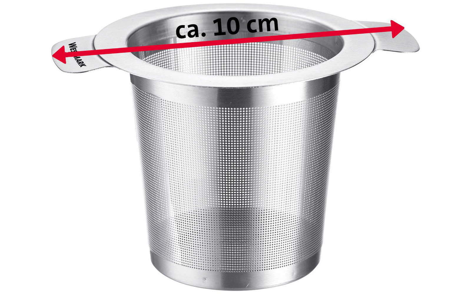 Conteneur cylindrique en acier inoxydable perforé avec deux poignées plates ; flèche rouge avec texte "ca. 10 cm" au‑dessus du bord supérieur