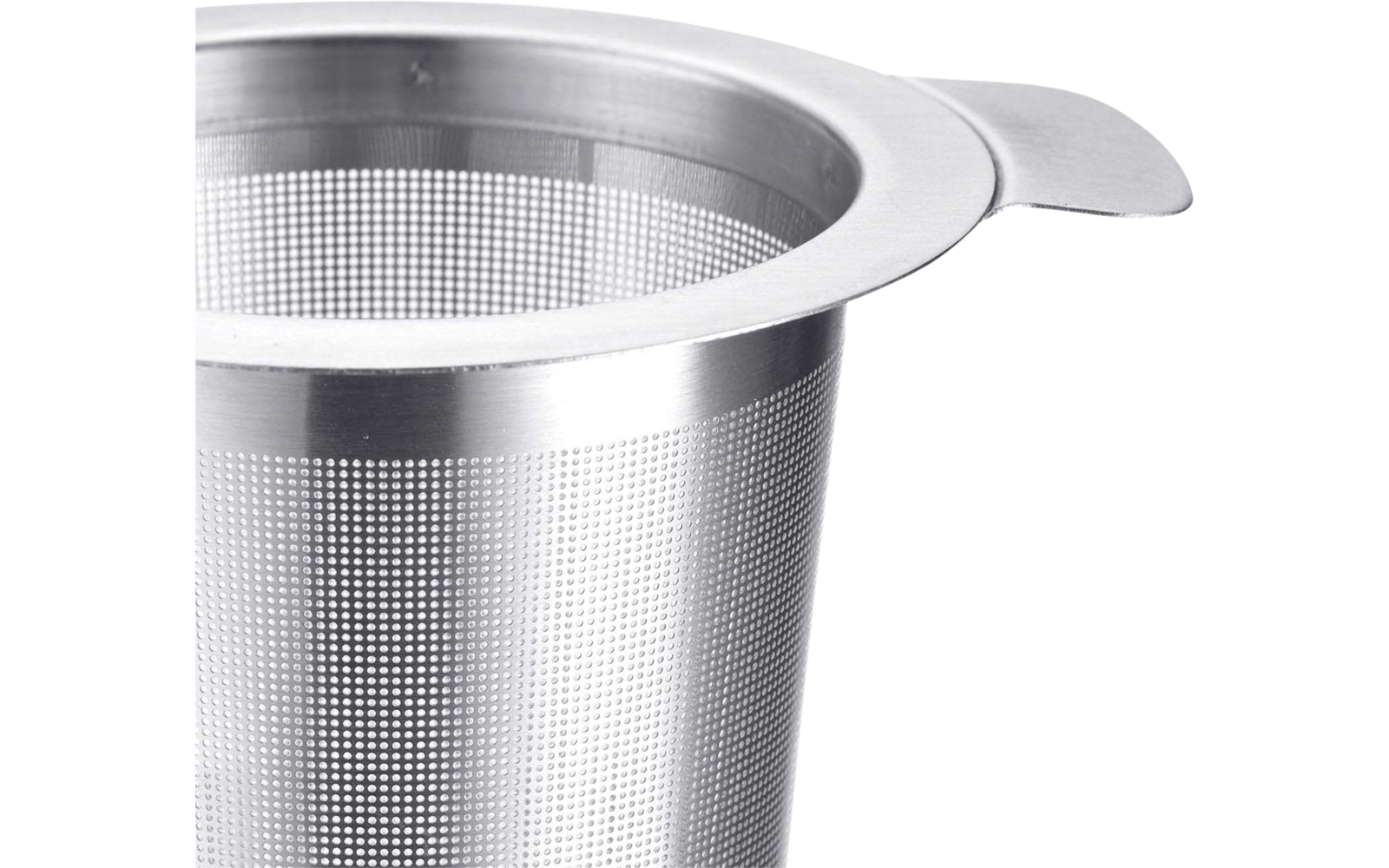 Infuseur à thé en acier inoxydable, corps cylindrique finement perforé, large bord et petite languette plate sur fond blanc