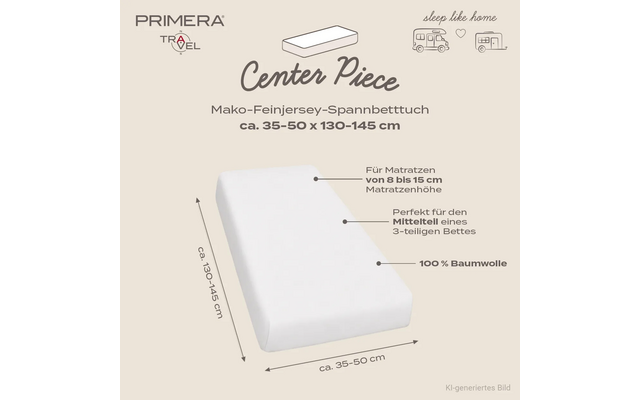 Witte hoeslakenillustratie op beige achtergrond; zichtbare teksten: 'PRIMERA TRAVEL', 'Center Piece', 'Mako-Feinjersey-Spannbetttuch ca. 35-50 x 130-145 cm', maatpijlen met 'ca. 35-50 cm' en 'ca. 130-145 cm', aanduidingen 'Für Matratzen von 8 bis 15 cm Matratzenhöhe', 'Perfekt für den Mittelteil eines 3-teiliges Bettes', '100% Baumwolle', kleine pictogrammen (camper, huis) naast 'sleep like home' en de tekst 'KI-generiertes Bild'