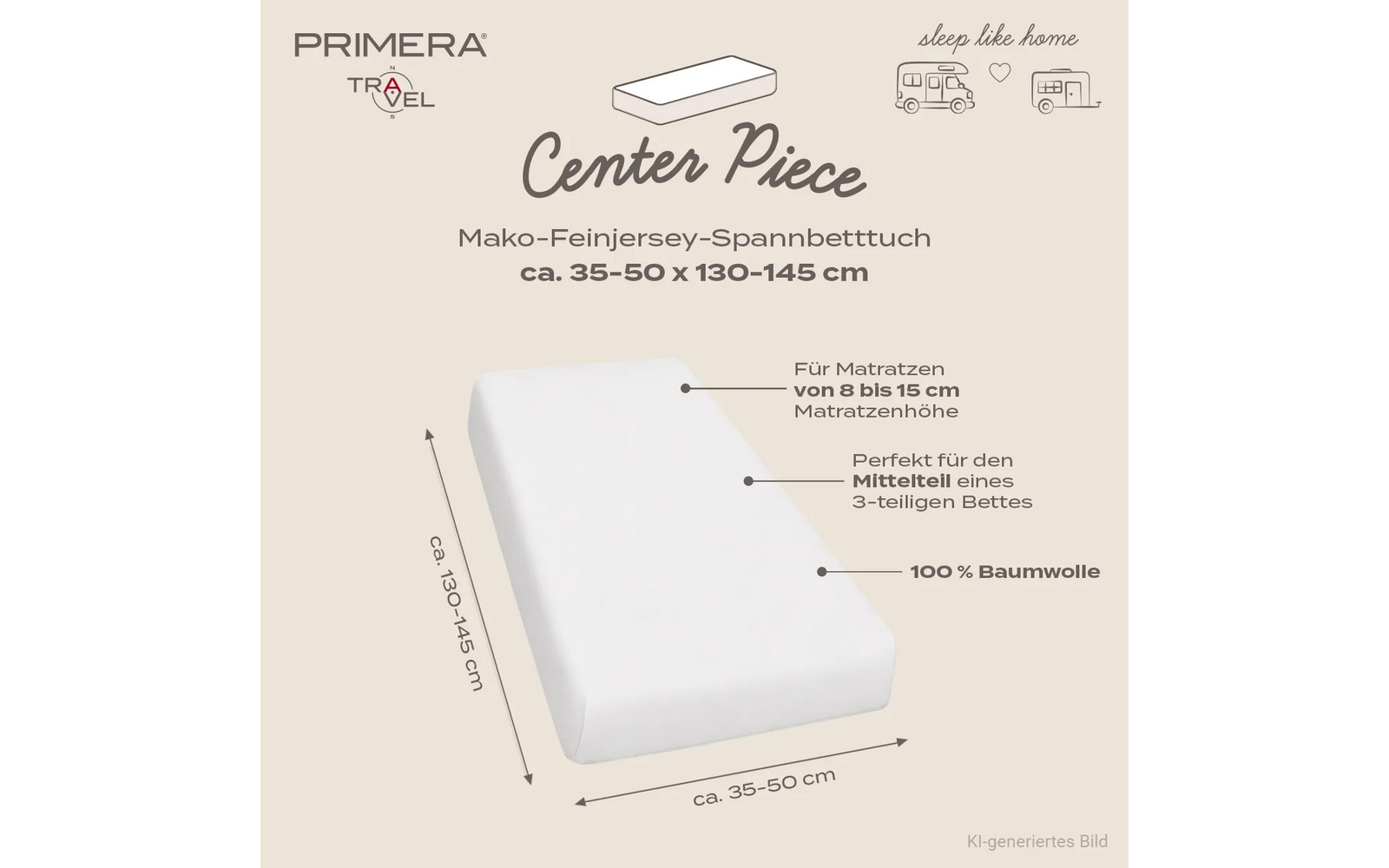 Witte hoeslakenillustratie op beige achtergrond; zichtbare teksten: 'PRIMERA TRAVEL', 'Center Piece', 'Mako-Feinjersey-Spannbetttuch ca. 35-50 x 130-145 cm', maatpijlen met 'ca. 35-50 cm' en 'ca. 130-145 cm', aanduidingen 'Für Matratzen von 8 bis 15 cm Matratzenhöhe', 'Perfekt für den Mittelteil eines 3-teiliges Bettes', '100% Baumwolle', kleine pictogrammen (camper, huis) naast 'sleep like home' en de tekst 'KI-generiertes Bild'