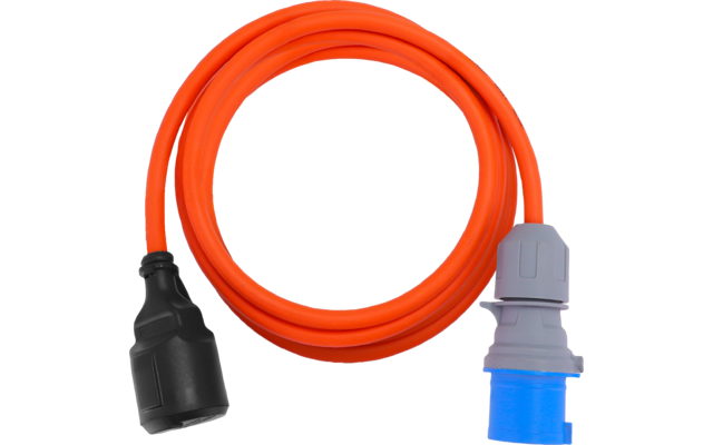 Orangees, aufgewickeltes Kabel mit schwarzem Anschluss an einem Ende und grau-blauem Steckverbinder am anderen Ende