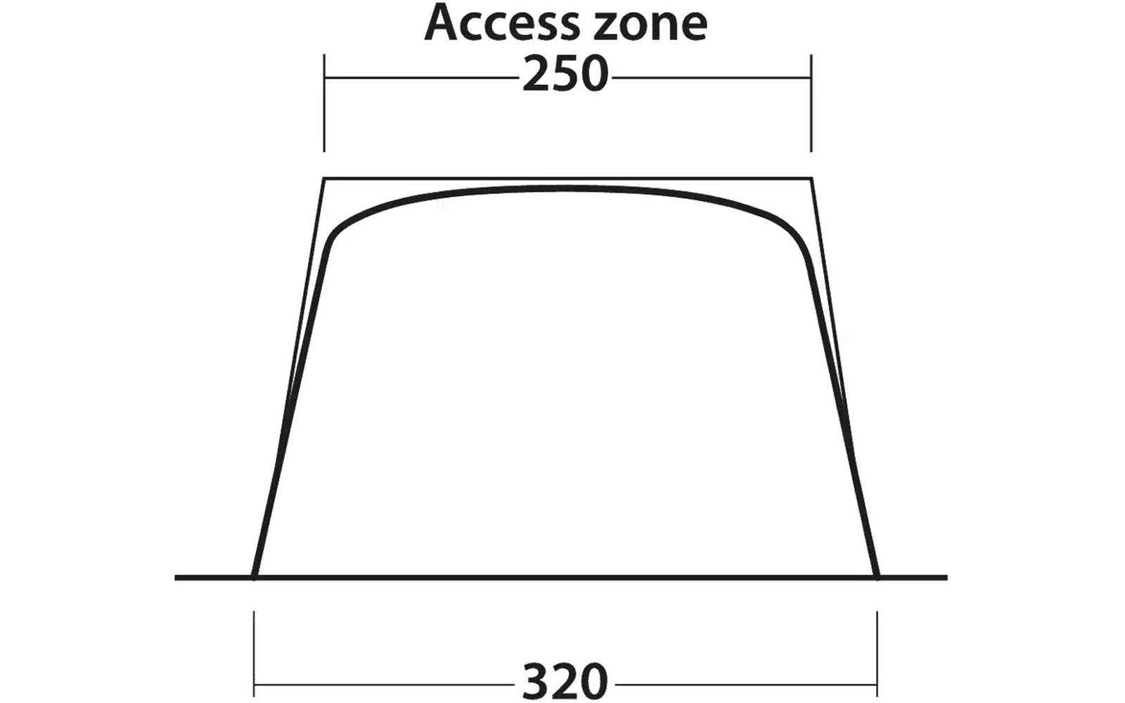 Technische Zeichnung eines Objekts mit den Maßen 250 mm und 320 mm