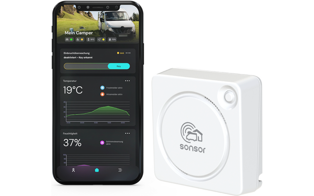 Schwarzes Smartphone mit geöffnetem App-Bildschirm 'Mein Camper' mit Anzeige 19°C, Feuchtigkeit 37% und Diagrammen; daneben weißes quadratisches Gerät mit rundem Muster und Markenaufschrift 'sonsor'