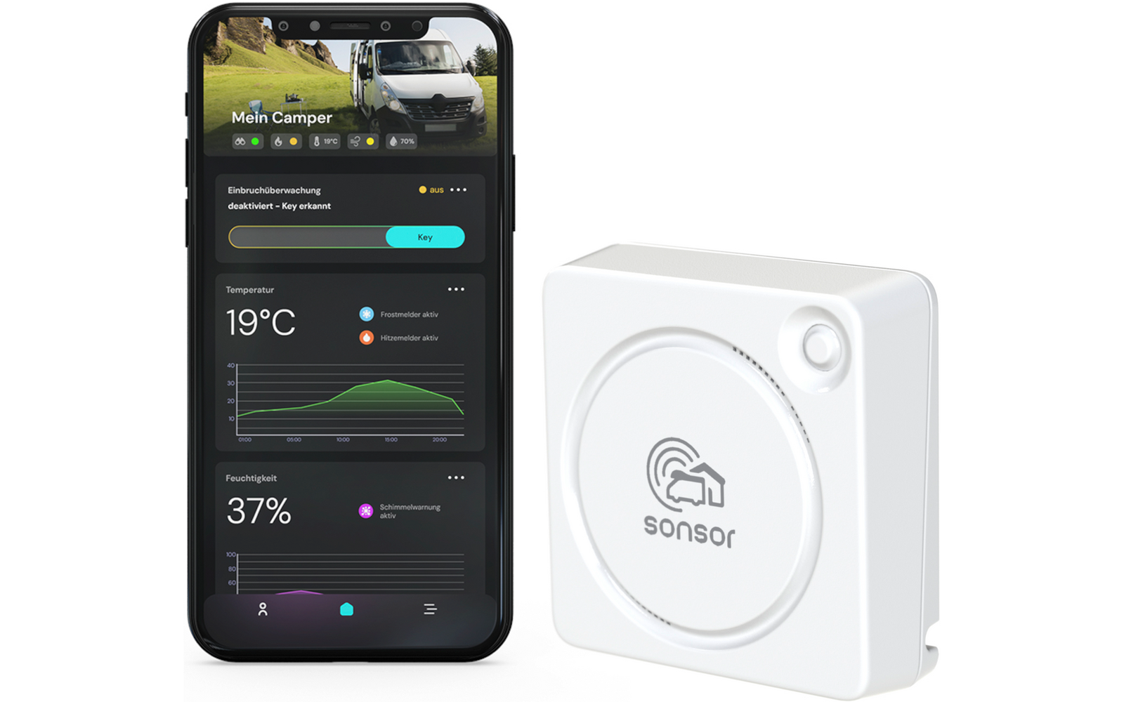 Schwarzes Smartphone mit geöffnetem App-Bildschirm 'Mein Camper' mit Anzeige 19°C, Feuchtigkeit 37% und Diagrammen; daneben weißes quadratisches Gerät mit rundem Muster und Markenaufschrift 'sonsor'