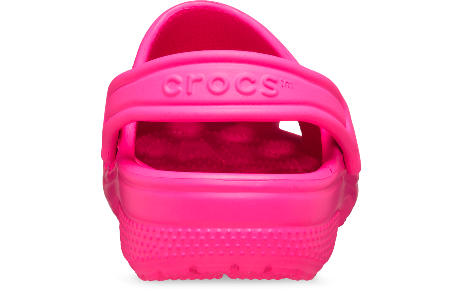Sabot Crocs rose vu de dos, logo 'crocs' embossé sur la bride du talon