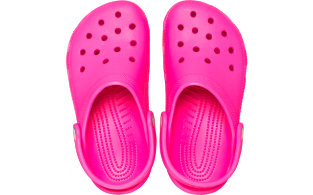 Paire de sabots roses vue de dessus, avec trous d'aération et bride de talon