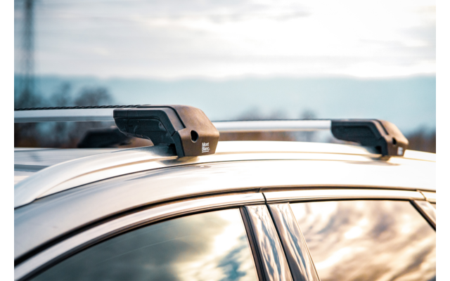 Nahaufnahme eines hellen Autodachs mit zwei schwarzen Querträgern, glänzendem Fenster mit Wolkenspiegelung und unscharfem Horizont