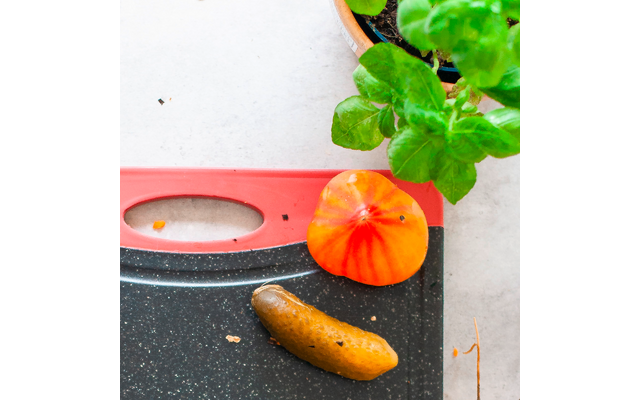 Schwarzes Schneidebrett mit rotem Rand auf hellem Untergrund; darauf eine kleine orangefarbene, gestreifte Frucht und eine Essiggurke. Rechts oben ein Terrakottatopf mit grünen Blättern
