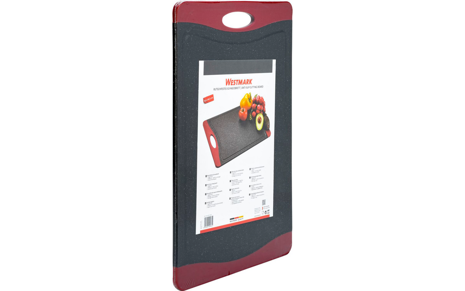 Rechteckiges schwarzes Brett mit roten Enden und ovalem Griffloch oben; mittig Papieretikett mit Produktbild und Früchten