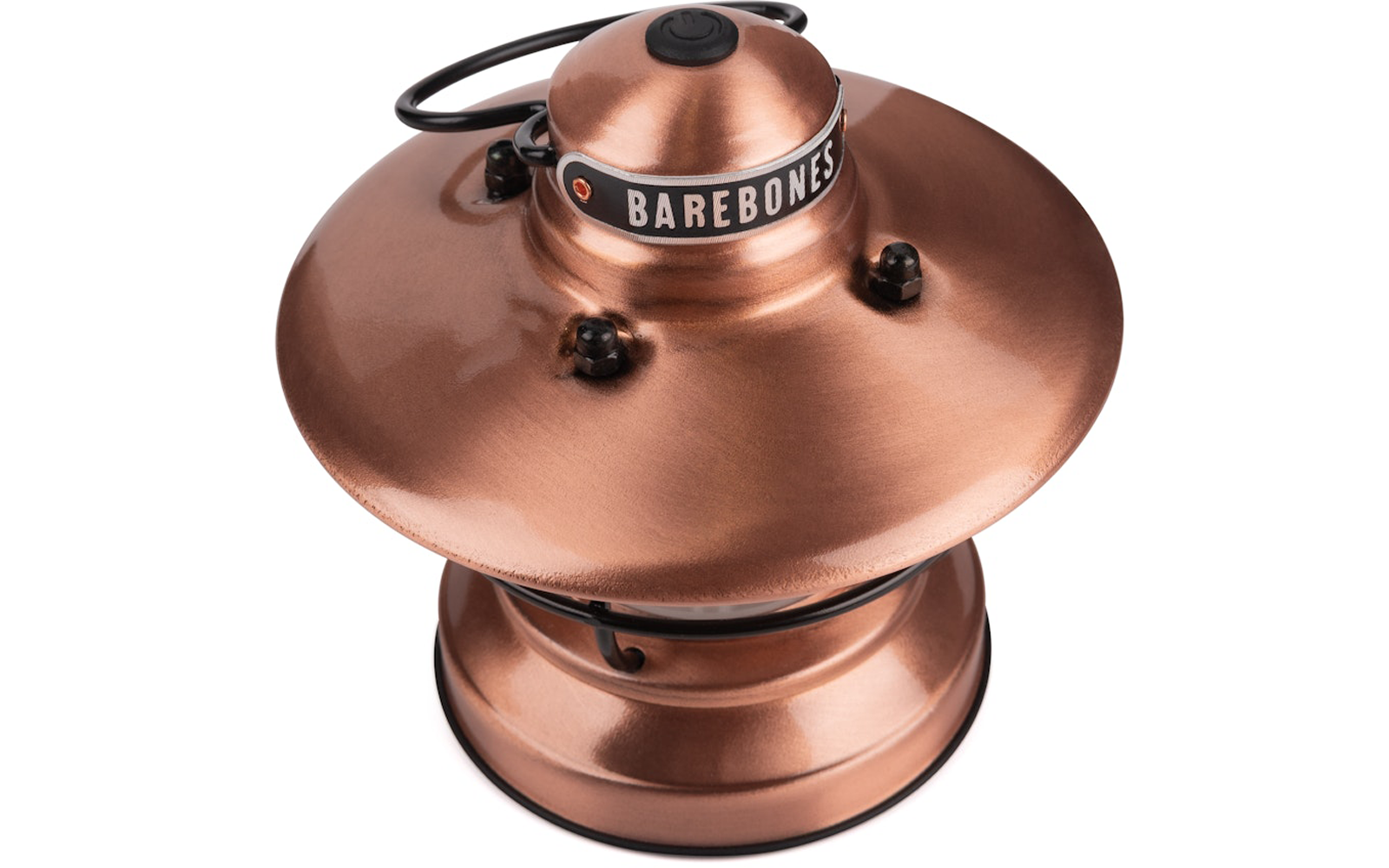 Koperkleurige metalen lantaarn met brede ronde kap, cilindrische voet, zwart draaghandvat en opschrift "BAREBONES"