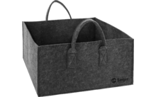 Rechteckige dunkelgraue Filzbox mit zwei kurzen Griffen und kleinem aufgedrucktem Logo unten rechts