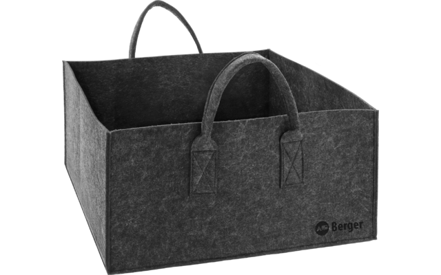 Rechteckige dunkelgraue Filzbox mit zwei kurzen Griffen und kleinem aufgedrucktem Logo unten rechts