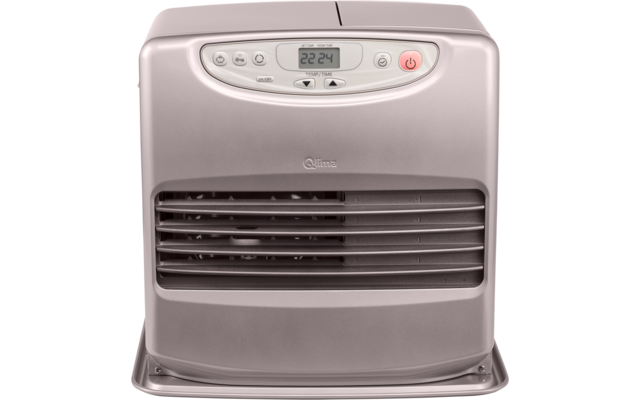 Silver-gray rectangular device with control panel on top, digital display '22:24', red power button on the right, several buttons and horizontal vent grilles on the front