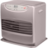 Beige-gray portable heater with front air grille, digital display and buttons, red power button, and side carry handle
