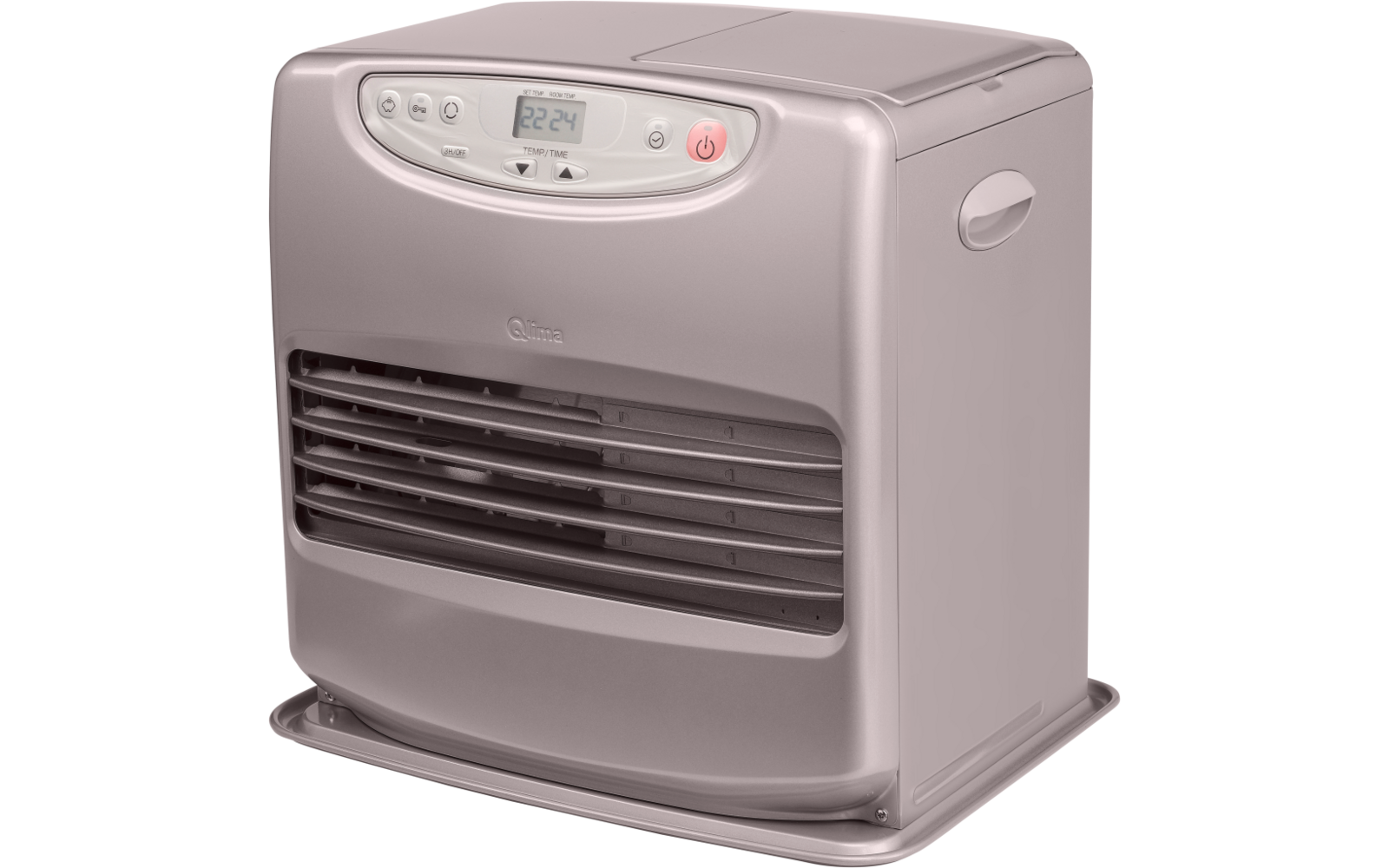 Beige-gray portable heater with front air grille, digital display and buttons, red power button, and side carry handle