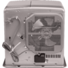 Rear of an electrical device showing a large fan behind a metal grille, coiled power cord, metal casing, ventilation slots and a junction box