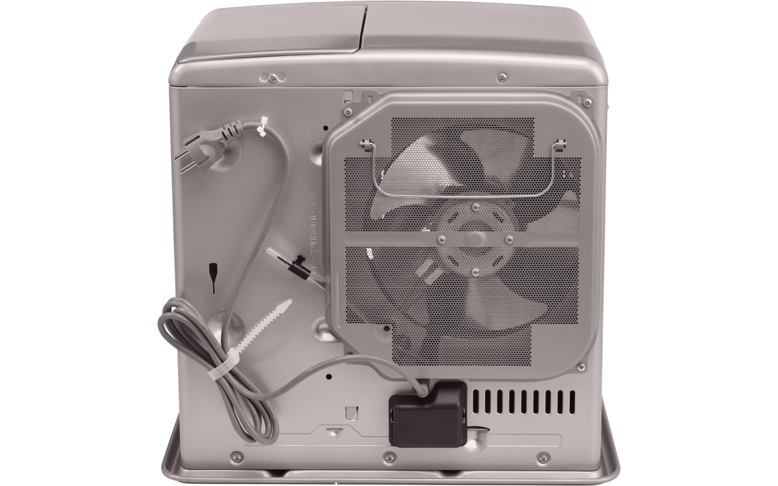 Rear of an electrical device showing a large fan behind a metal grille, coiled power cord, metal casing, ventilation slots and a junction box