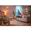 Two people in a living room: one sits on a sofa reading a book, the other stands at the window. Sofa with cushions, coffee table with cups, plants, shelving, wall lamps, rug and a white appliance