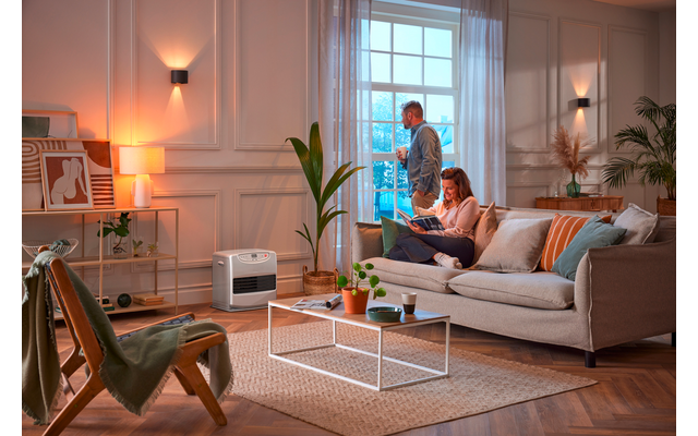Two people in a living room: one sits on a sofa reading a book, the other stands at the window. Sofa with cushions, coffee table with cups, plants, shelving, wall lamps, rug and a white appliance