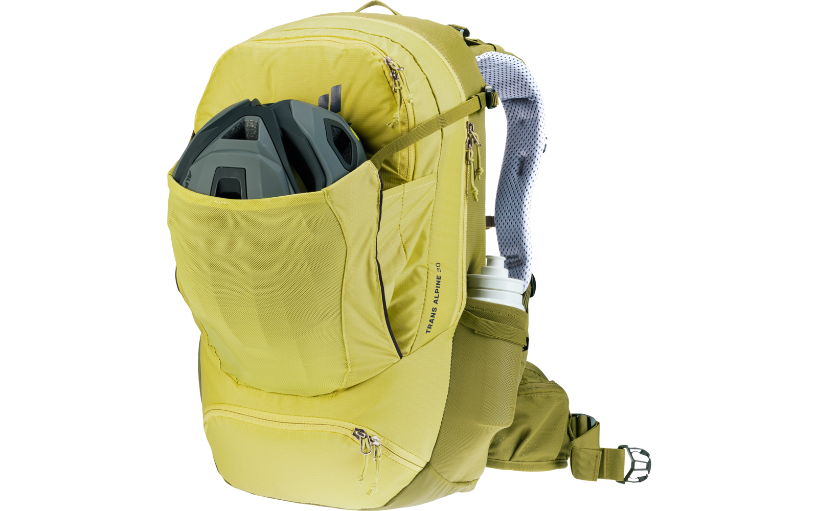 Gelb-grüner Rucksack mit einem Helm in der vorderen Tasche und einer Wasserflasche in der seitlichen Tasche