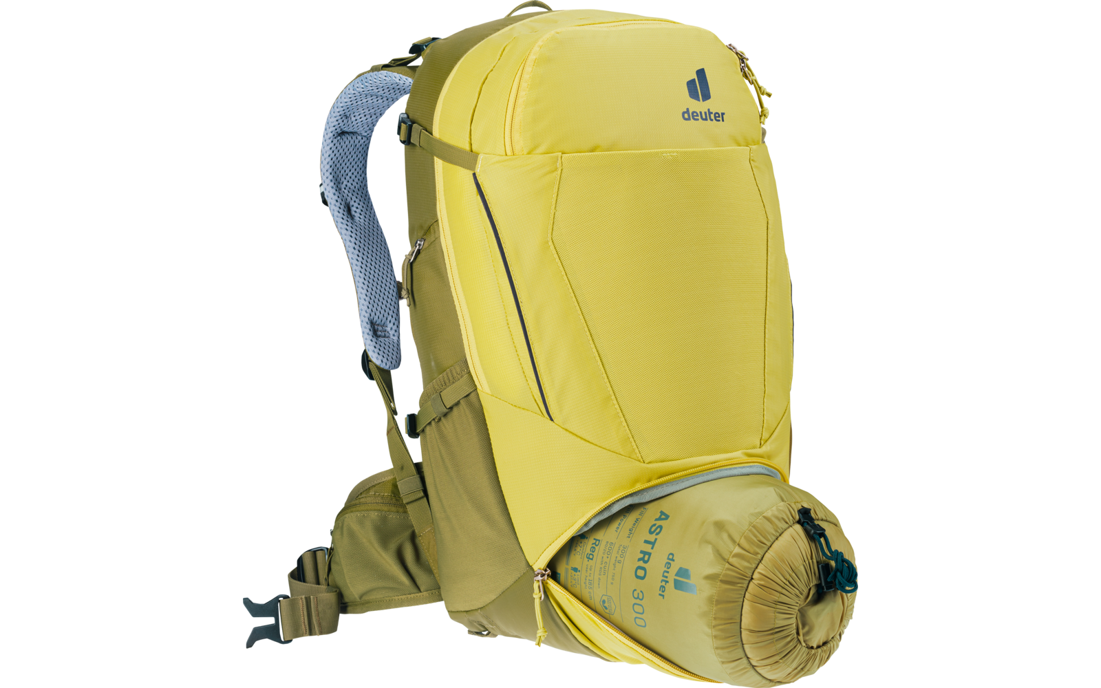 gelb-grüner Rucksack mit gepolstertem Netzrücken und Hüftgurt, vordere Reißverschlusstasche teilweise geöffnet, darin eine aufgerollte Rolle mit Aufdruck 'ASTRO 300'