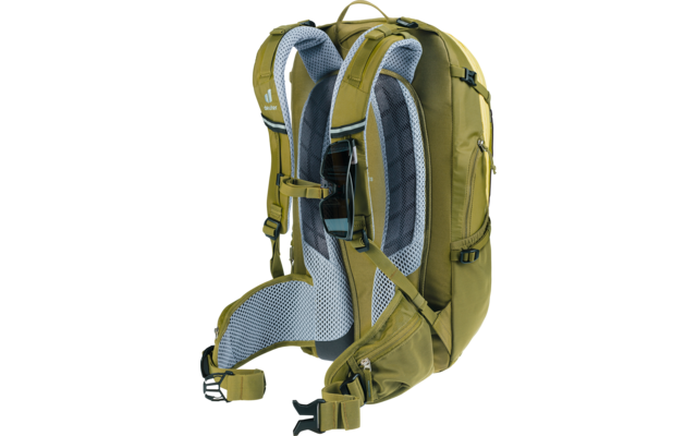 Olivegrüner Wanderrucksack mit gepolsterten Schultergurten, belüftetem Netzrücken, Hüftgurt mit Taschen und mehreren Schnallen- und Verstellriemen