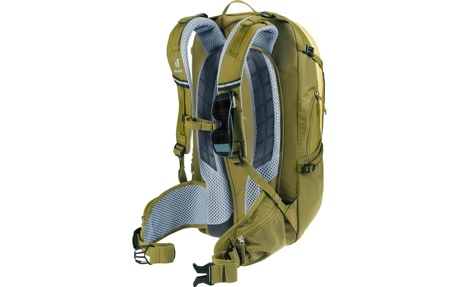 Olivegrüner Wanderrucksack mit gepolsterten Schultergurten, belüftetem Netzrücken, Hüftgurt mit Taschen und mehreren Schnallen- und Verstellriemen