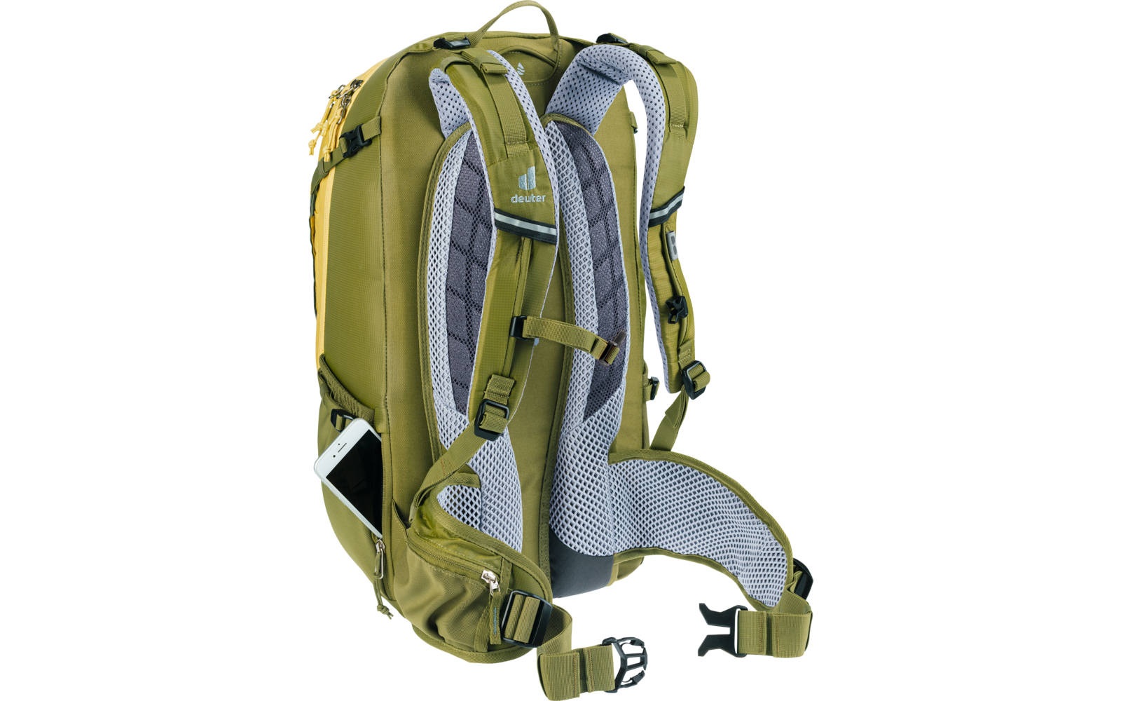 Grüner Rucksack von hinten, gepolsterte Schulter- und Hüftgurte, Netzrückenpolster, seitliche Tasche mit sichtbarem Smartphone