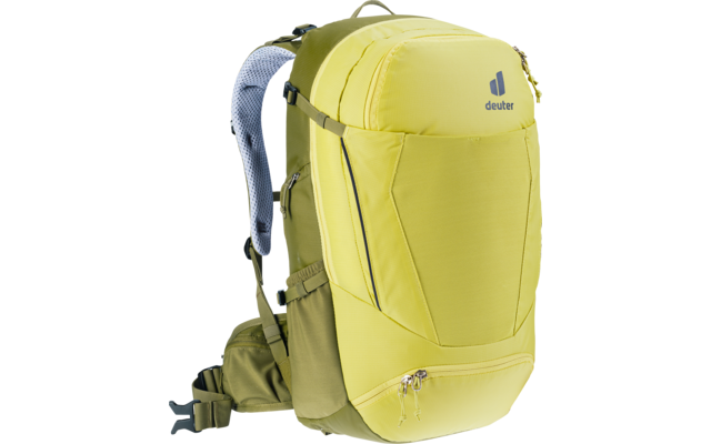 Gelb-grüner Rucksack mit vorderer Reißverschlusstasche, gepolsterten grauen Netz-Schulterriemen, Hüftgurt und deuter-Logo