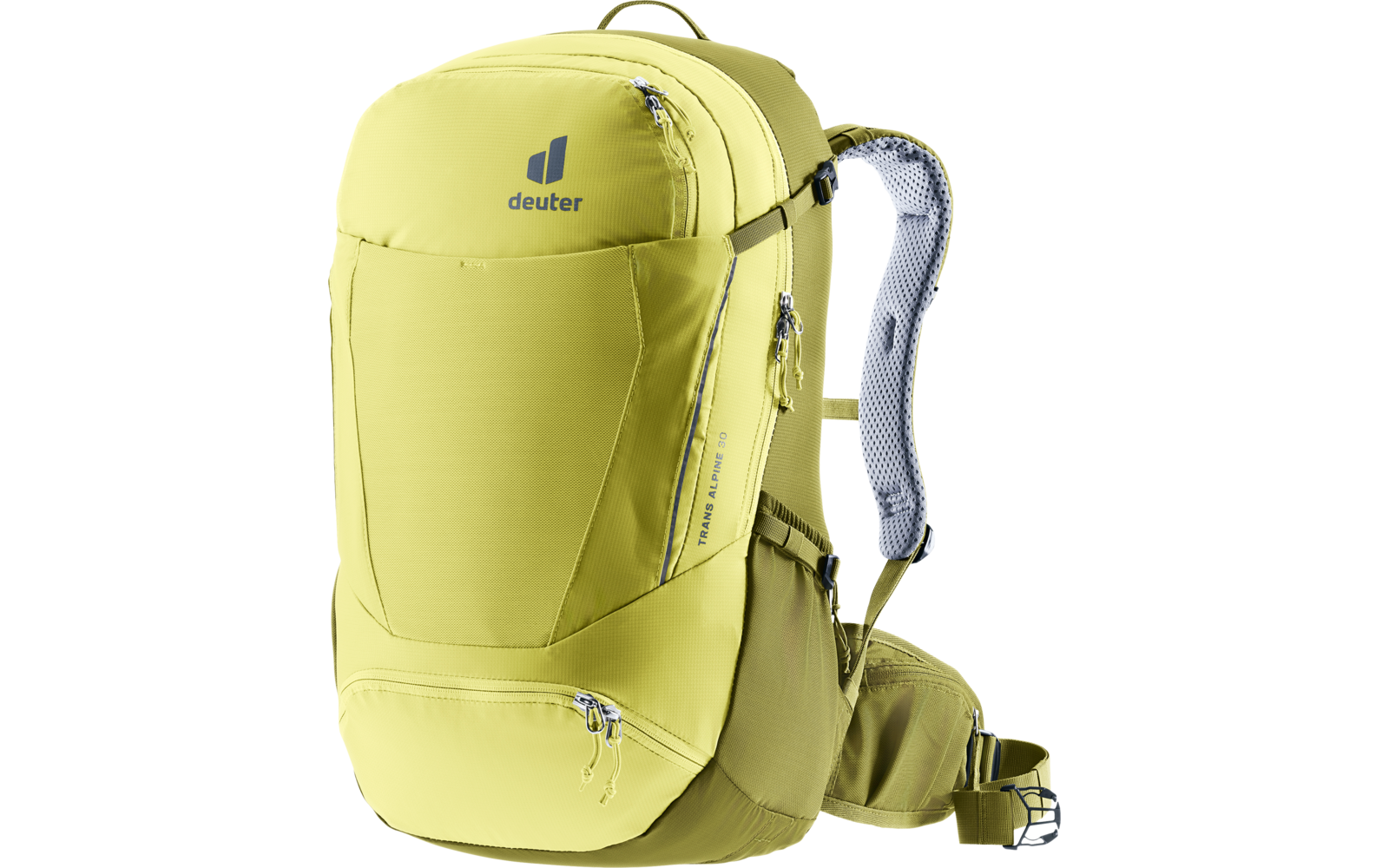 Gelb-grüner Rucksack mit Deuter-Logo, Schultergurten, Hüftgurt und Reißverschlüssen