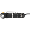 Schwarze Taschenlampe mit Griff und Kabel auf grauem Hintergrund
