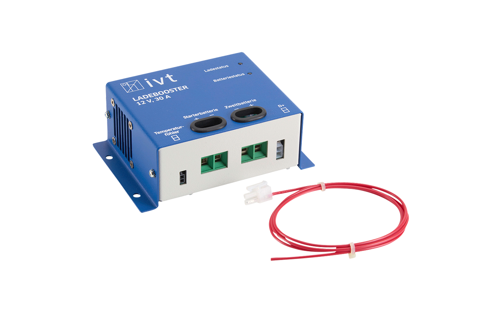 Appareil électronique bleu avec ports et câble rouge sur fond blanc