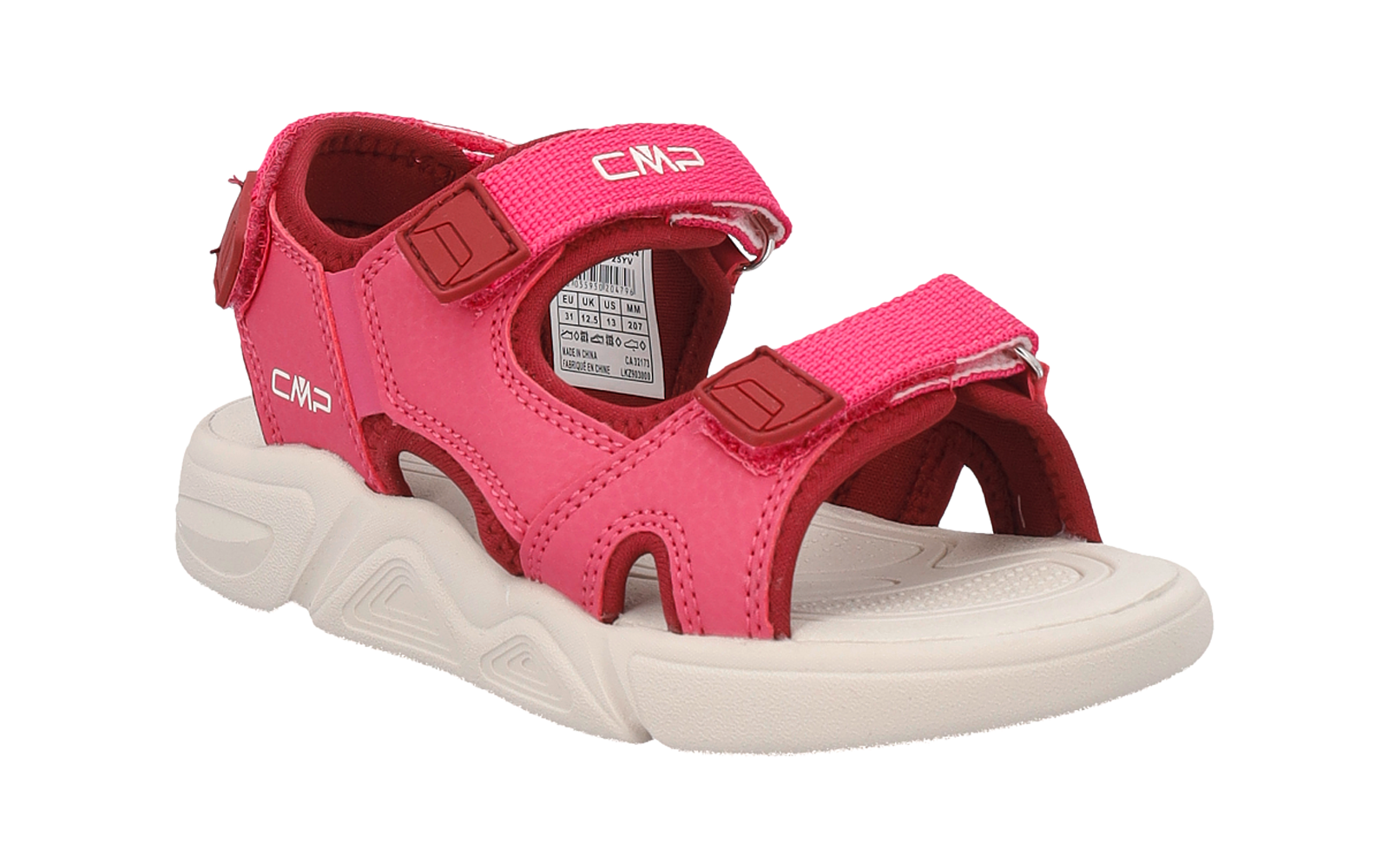 A pink sandal with two hook-and-loop straps, open toe, side cutouts, and a white sole