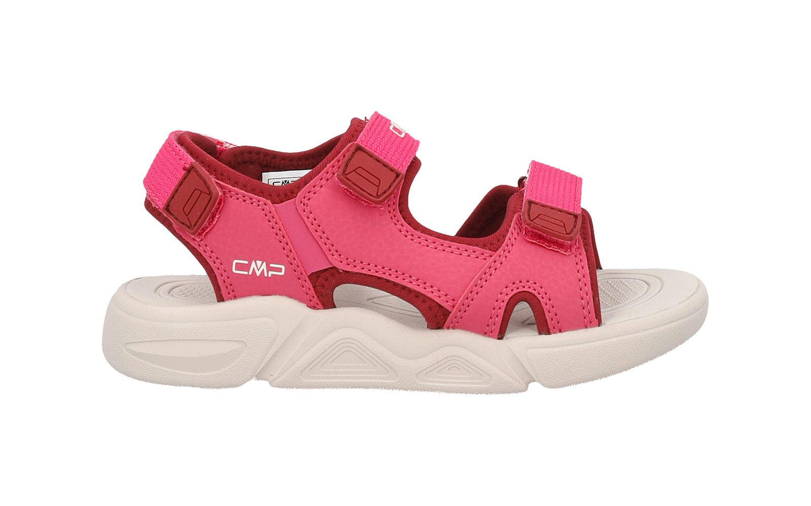 Pink sandal with two hook-and-loop straps, white 'CMP' logo on the side and light beige textured sole