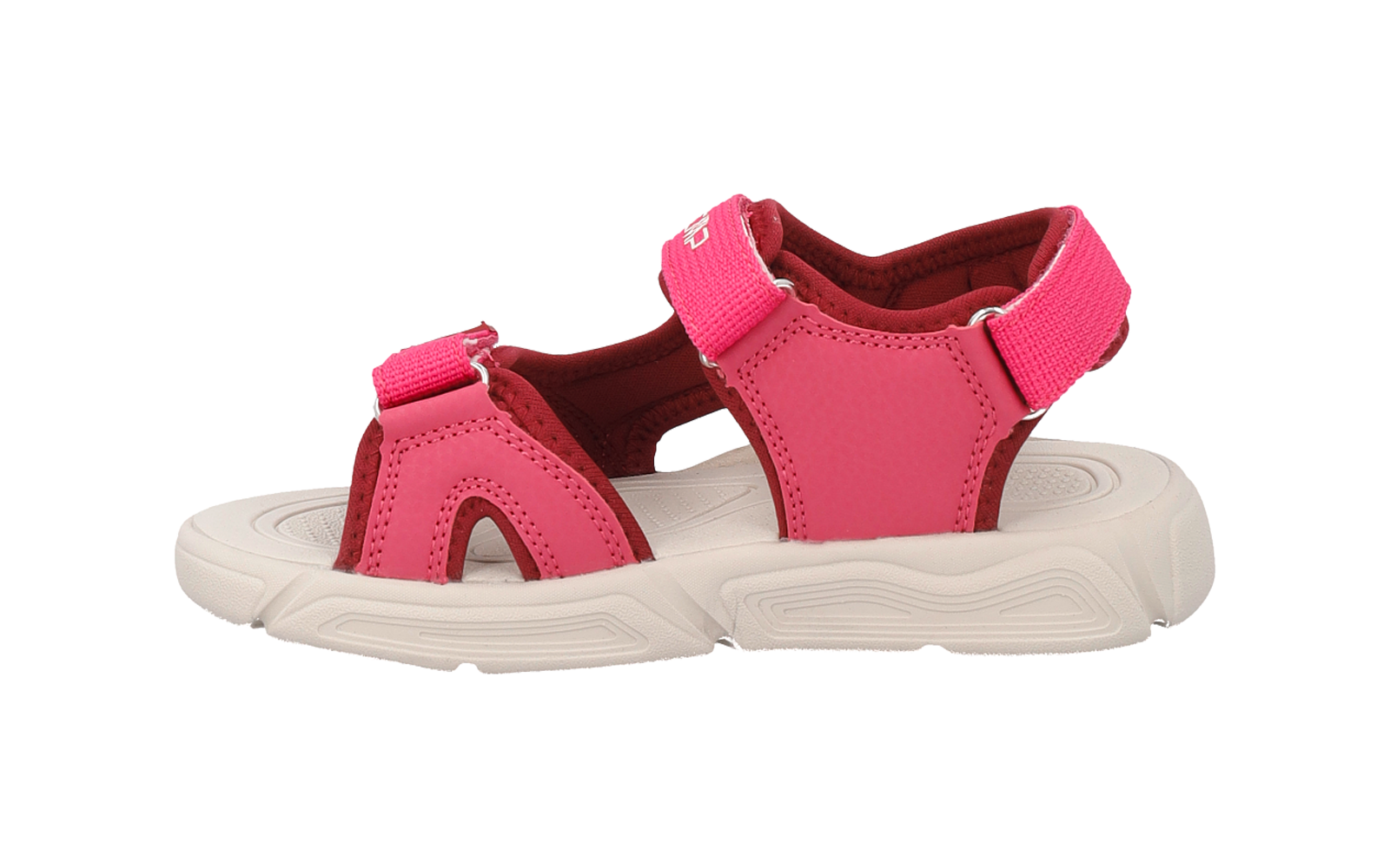 Side view of a pink sandal with two Velcro straps, open toe, and white sole