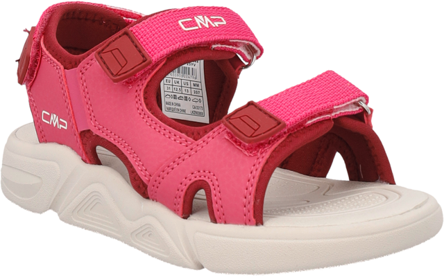 A pink sandal with two hook-and-loop straps, open toe, side cutouts, and a white sole