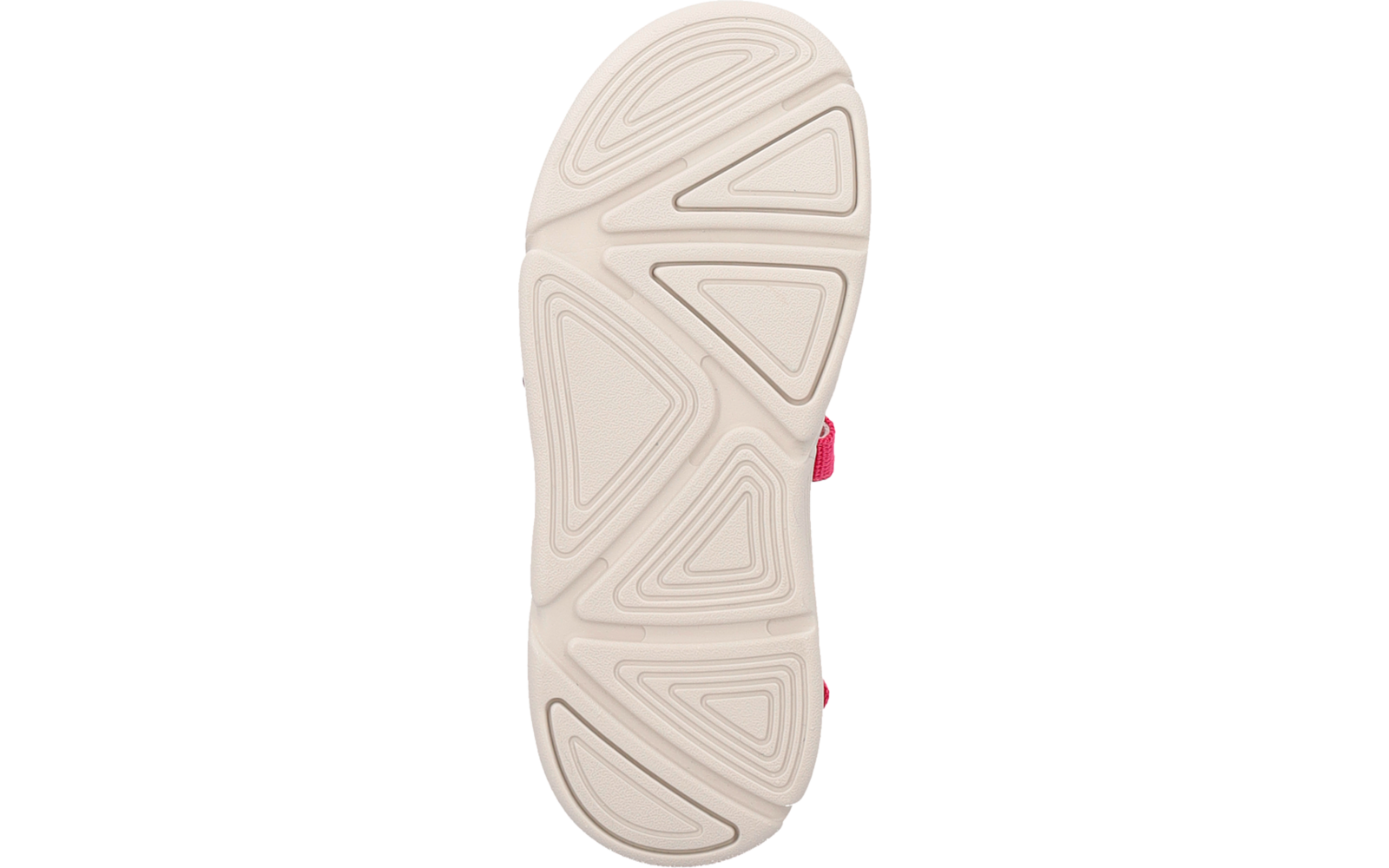 Bottom of a light beige shoe sole with geometric tread patterns and a pink strap visible at the side