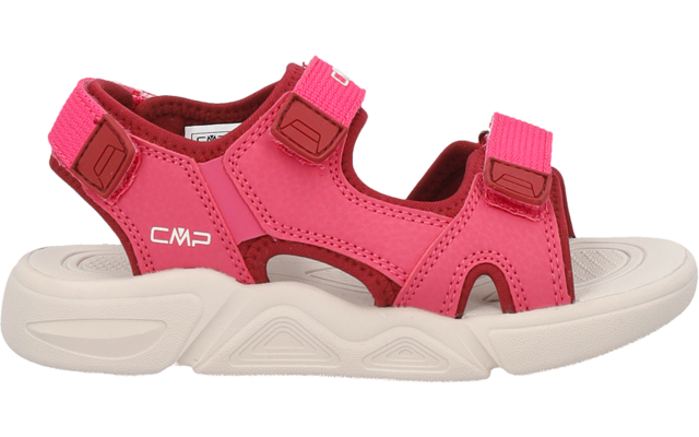 Pink sandal with two hook-and-loop straps, white 'CMP' logo on the side and light beige textured sole