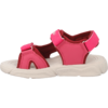 Side view of a pink sandal with two Velcro straps, open toe, and white sole