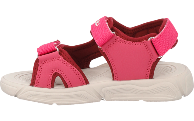 Side view of a pink sandal with two Velcro straps, open toe, and white sole