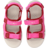 Pair of pink sandals with Velcro straps, top view, beige footbeds, CMP logo on the strap