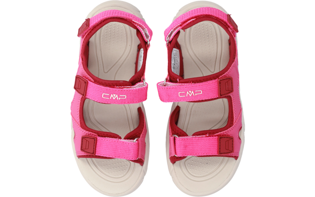 Pair of pink sandals with Velcro straps, top view, beige footbeds, CMP logo on the strap