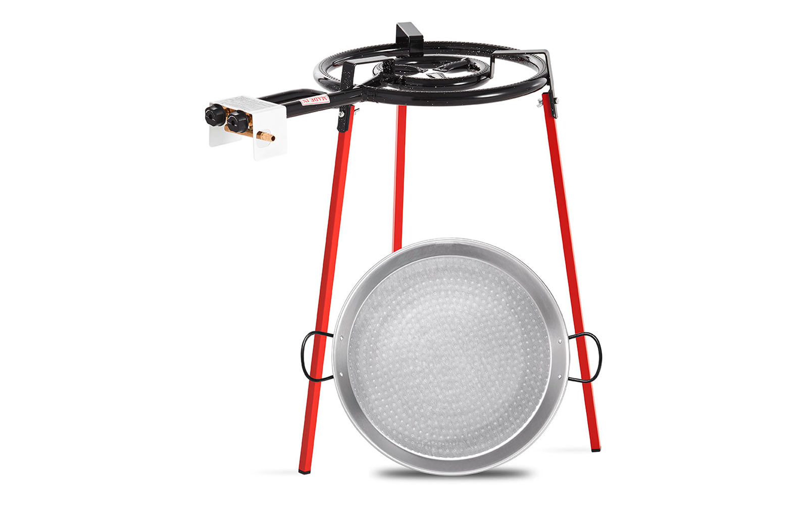 Dreibeiniger Ständer mit roten Beinen, oben ein schwarzer runder Metallring und zwei angebrachte Kunststoffteile mit Metallanschlüssen; vor dem Ständer lehnt eine große flache silberne Metallpfanne mit zwei seitlichen Griffen