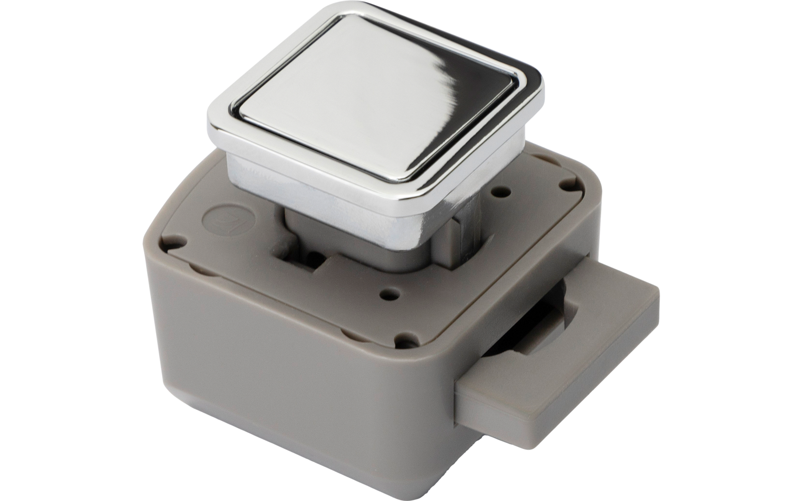 Quadratischer silberner Knopf auf grauem Plastikgehäuse vor weißem Hintergrund
