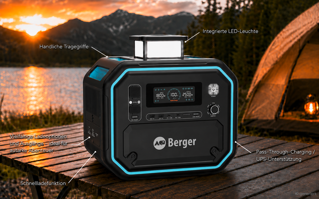 Schwarzes rechteckiges Gerät mit 'Berger'-Logo, digitalem Display, aufgeklappter Griff mit LED-Leuchte auf einem Holzsteg am See; Berge, Sonnenuntergang und ein beleuchtetes Zelt im Hintergrund; weiße Beschriftungen und Pfeile auf dem Gerät