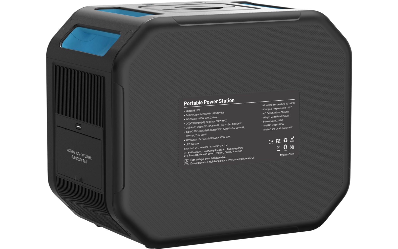 Schwarzes, quaderförmiges Gerät mit abgerundeten Kanten, blaues Griffdetail oben und Seitenfläche mit Aufkleber "Portable Power Station" sowie technischem Text und Symbolen